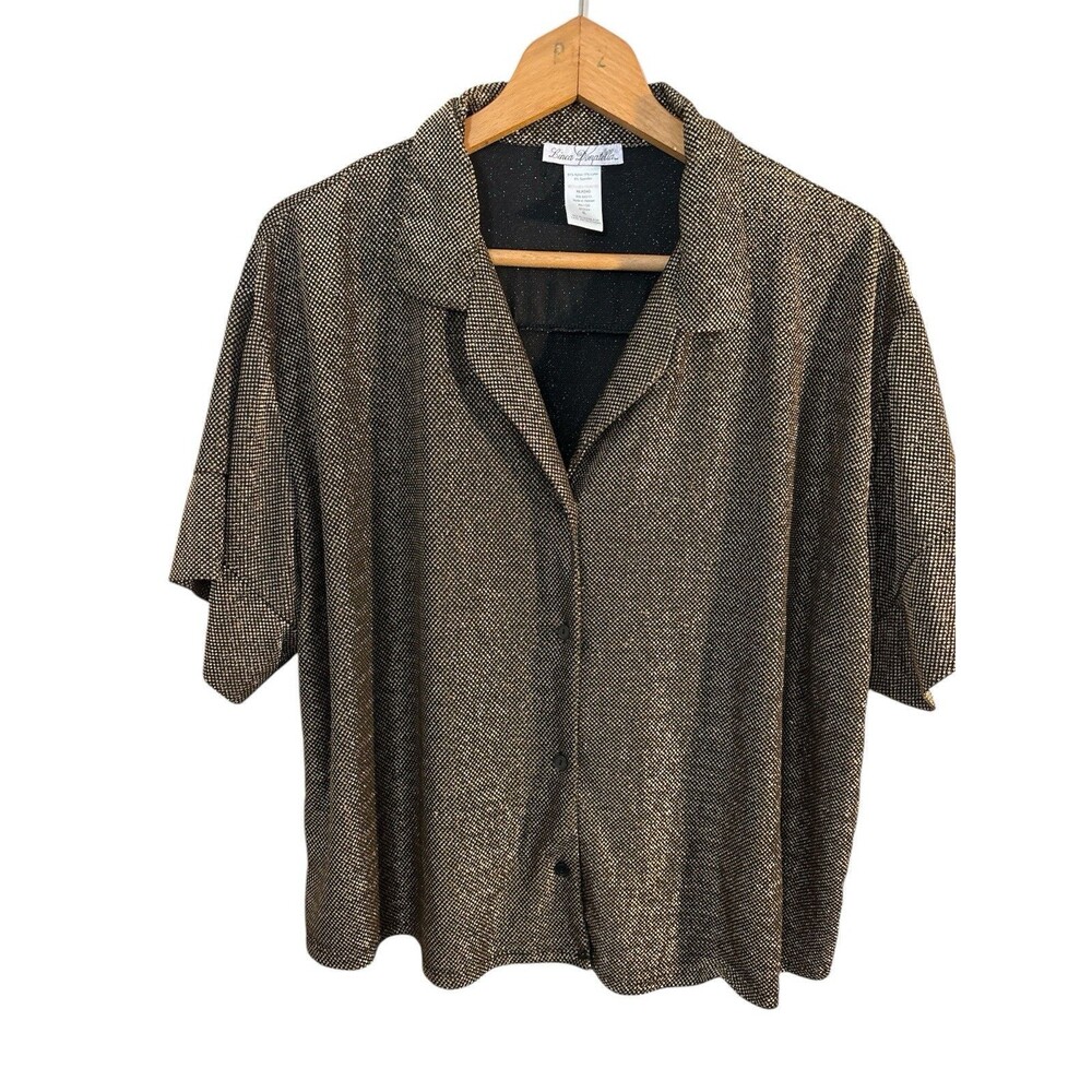 Linea Donatella Women's Top Blouse XL Black Gold Metallic Holiday Retro 80s